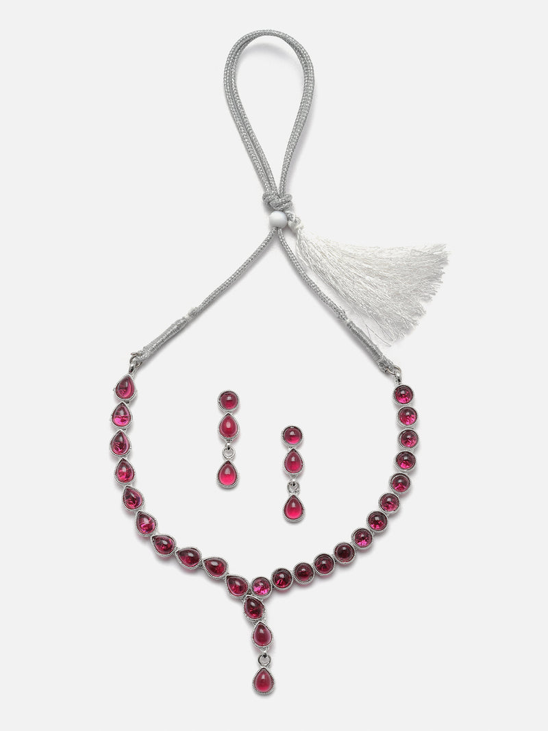 Oxidised Silver-Plated Red American Diamond Studded Necklace with Earrings Jewellery Set