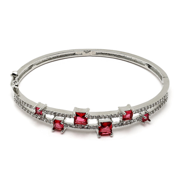 Rhodium-Plated Silver Toned Square Red American Diamond Studded Bracelet