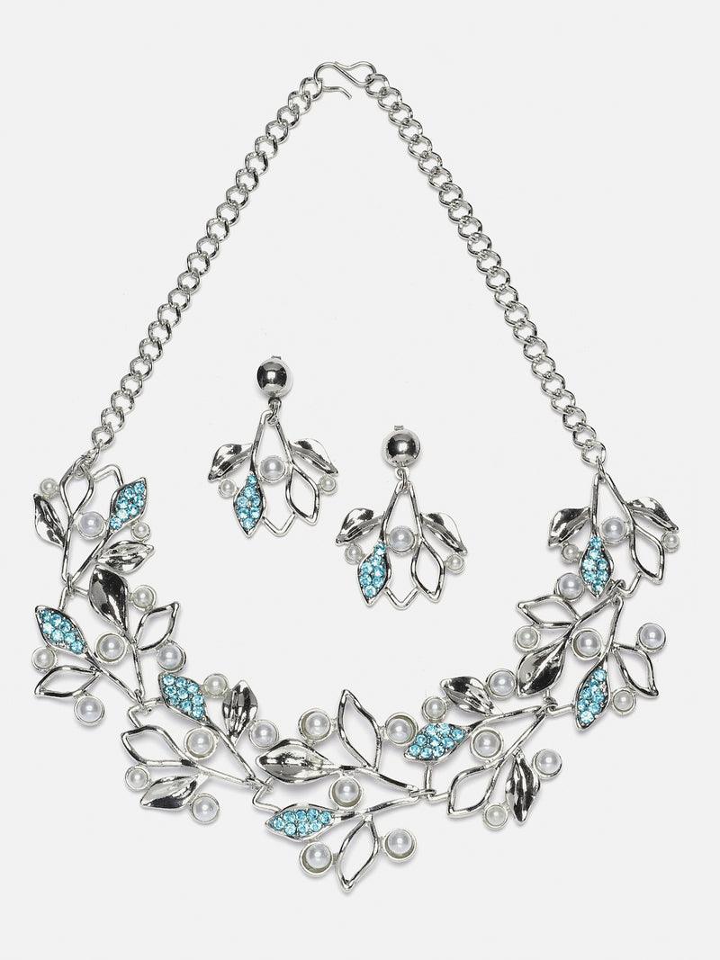 Silver-Plated Blue Cubic Zirconia & White Pearls Studded Leaf Shaped Necklace with Earrings Jewellery Set