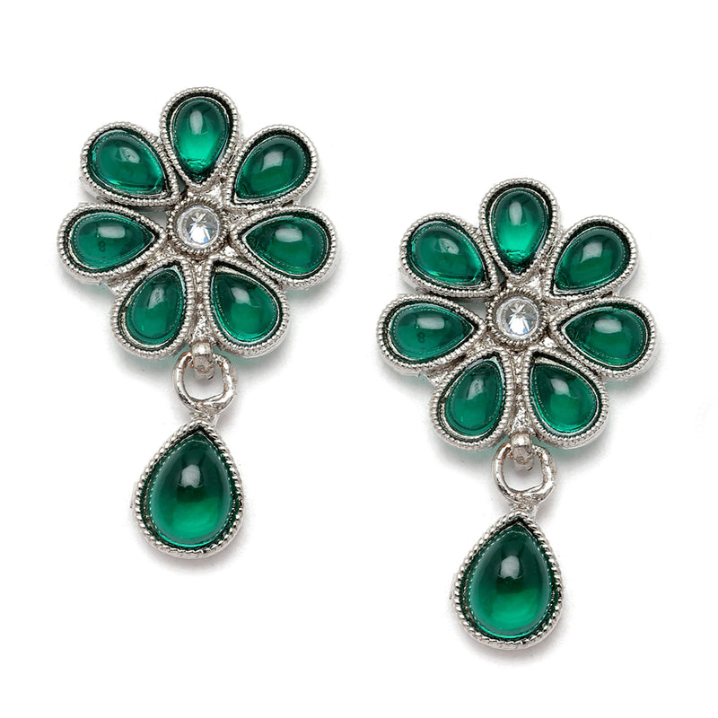 Oxidised Silver-Plated Pear Shaped Green American Diamond Studded Necklace Earrings Jewellery Set