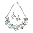 Silver-Plated Blue Cubic Zirconia & White Pearls Studded Leaf Shaped Necklace with Earrings Jewellery Set