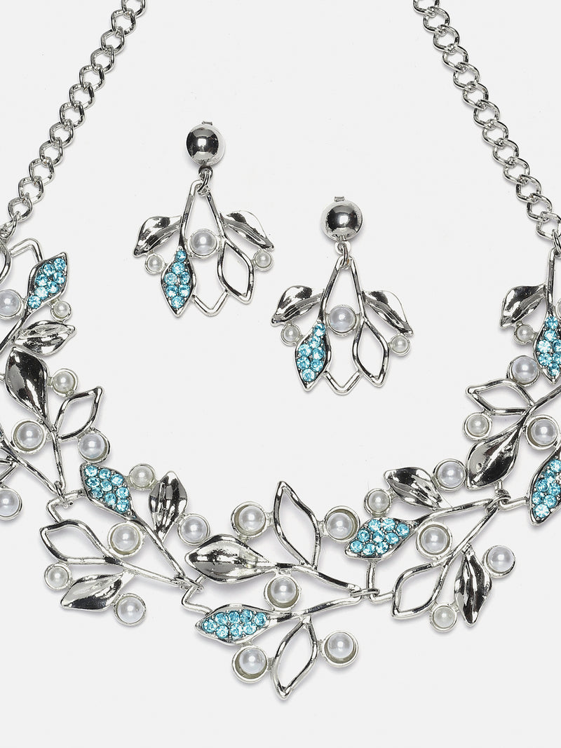 Silver-Plated Blue Cubic Zirconia & White Pearls Studded Leaf Shaped Necklace with Earrings Jewellery Set