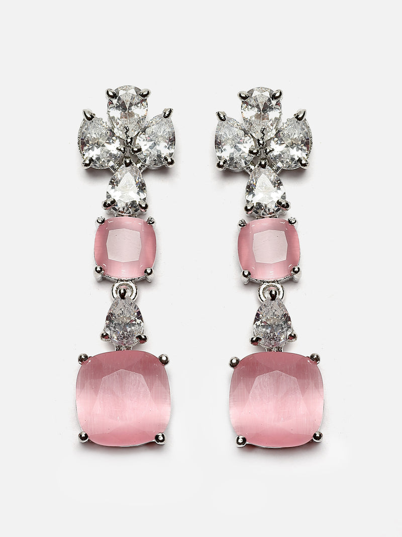 Rhodium-Plated Pink Square American Diamonds Studded Pendulous Necklace & Earrings Jewellery Set