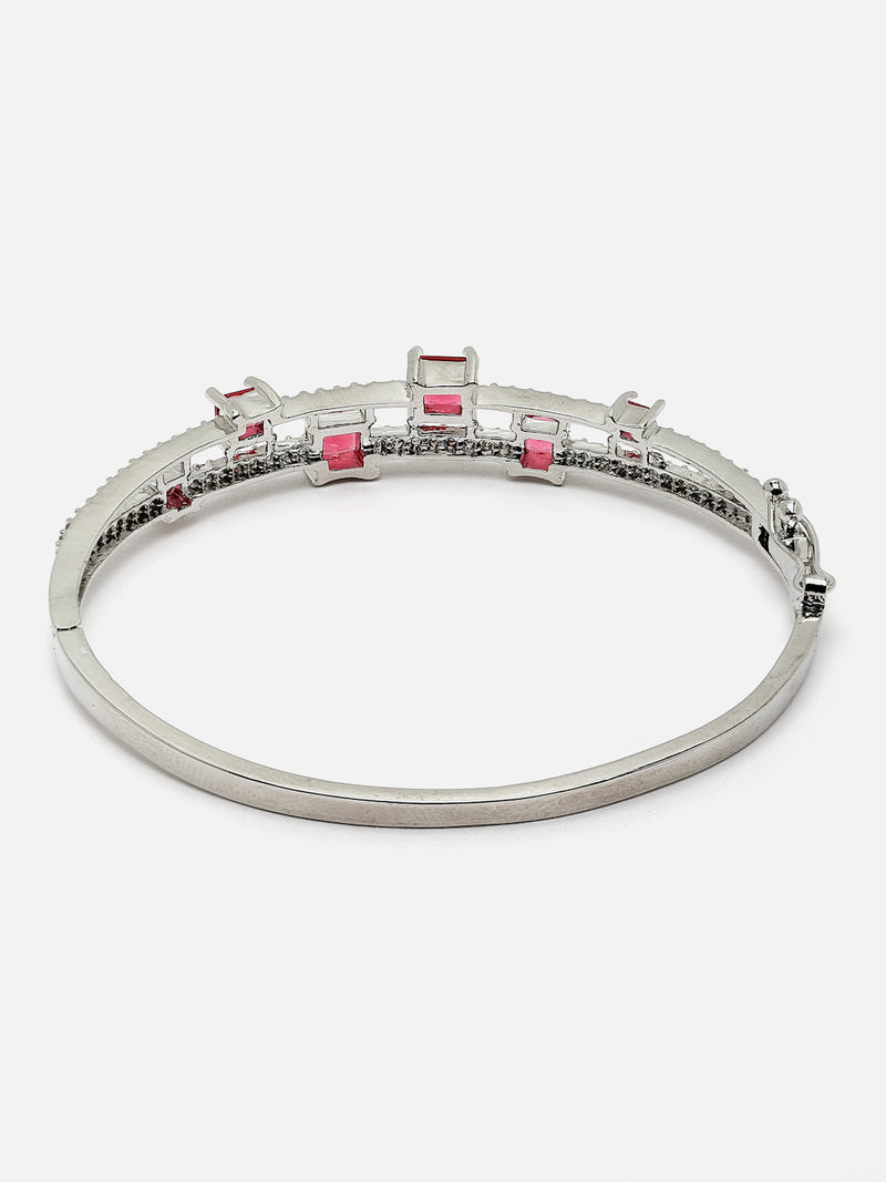 Rhodium-Plated Silver Toned Red American Diamond Studded Kada Bracelet