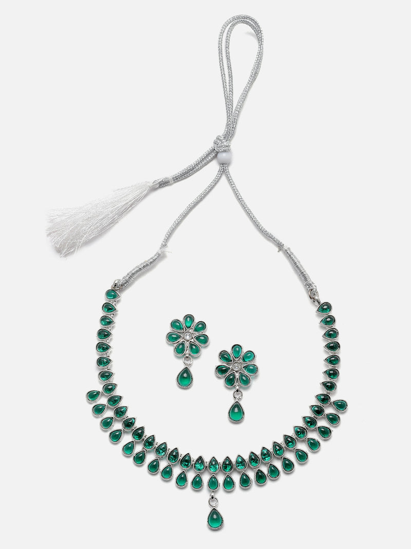 Oxidised Silver-Plated Pear Shaped Green American Diamond Studded Necklace Earrings Jewellery Set