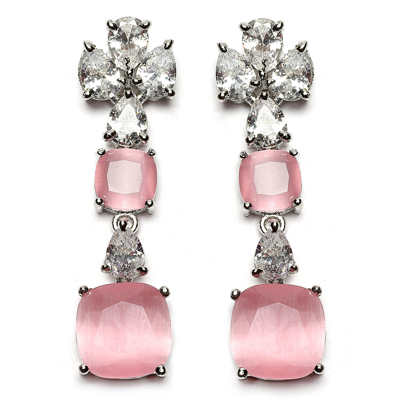 Rhodium-Plated Pink Square American Diamonds Studded Pendulous Necklace & Earrings Jewellery Set