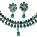Oxidised Silver-Plated Pear Shaped Green American Diamond Studded Necklace Earrings Jewellery Set