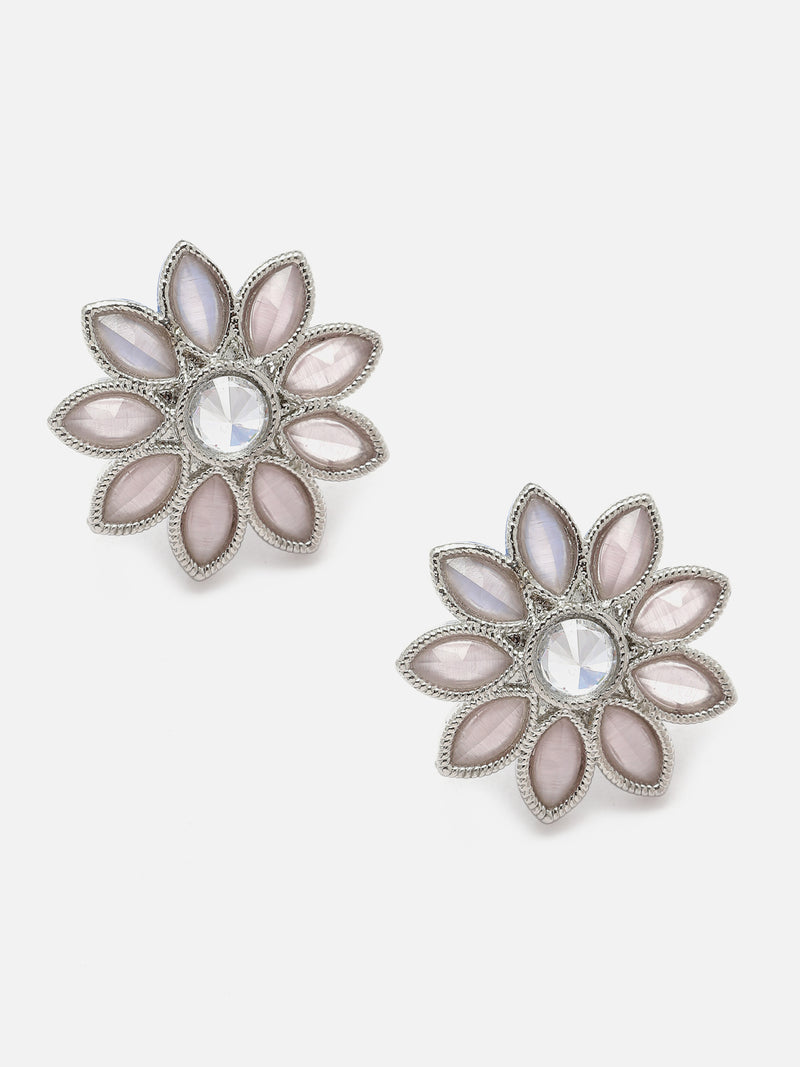 Oxidised Silver-Plated Flower & Leaf Pink American Diamond Studded Necklace Earrings Jewellery Set