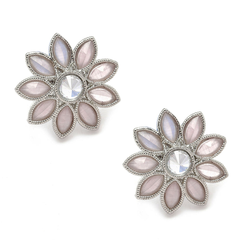 Oxidised Silver-Plated Flower & Leaf Pink American Diamond Studded Necklace Earrings Jewellery Set
