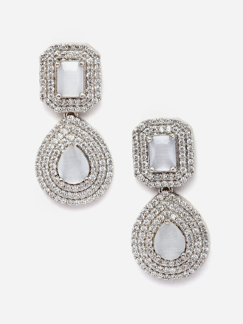 Rhodium-Plated Grey & White American Diamond studded Square & Teardrop Shaped Drop Earrings