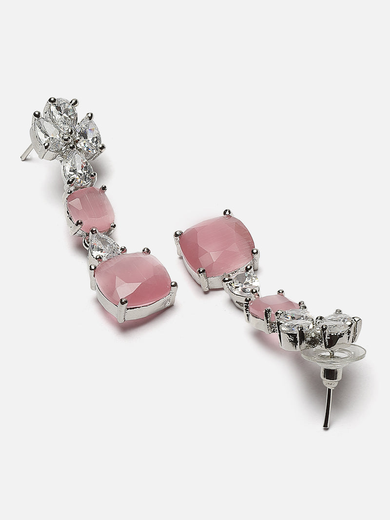 Rhodium-Plated Pink Square American Diamonds Studded Pendulous Necklace & Earrings Jewellery Set