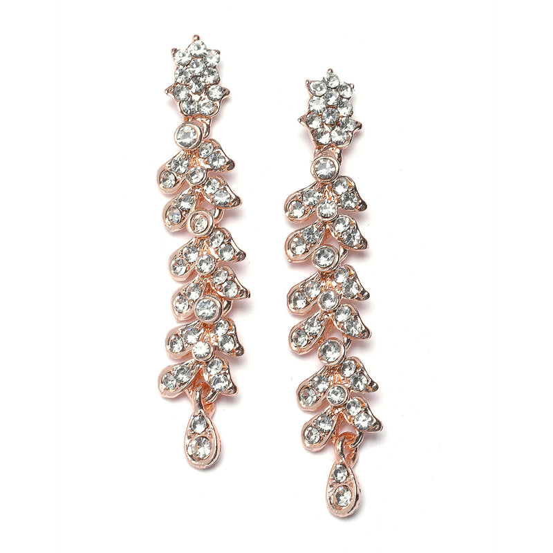 Rose Gold-Plated White Cubic Zirconia Studded Leafy Shaped Necklace with Earrings Jewellery Set