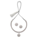 Oxidised Silver-Plated Flower & Leaf Pink American Diamond Studded Necklace Earrings Jewellery Set