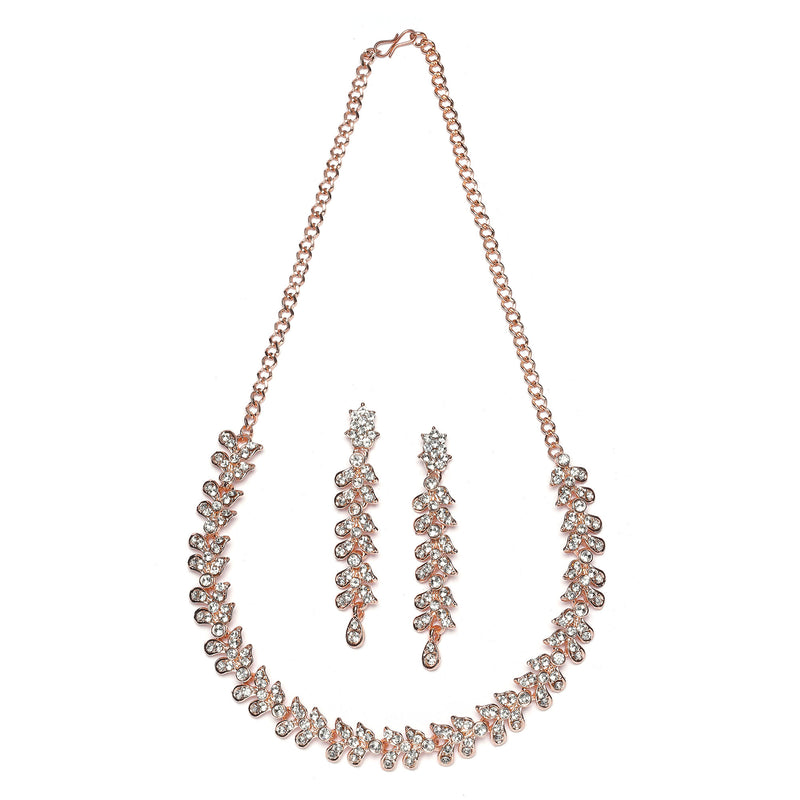 Rose Gold-Plated White Cubic Zirconia Studded Leafy Shaped Necklace with Earrings Jewellery Set