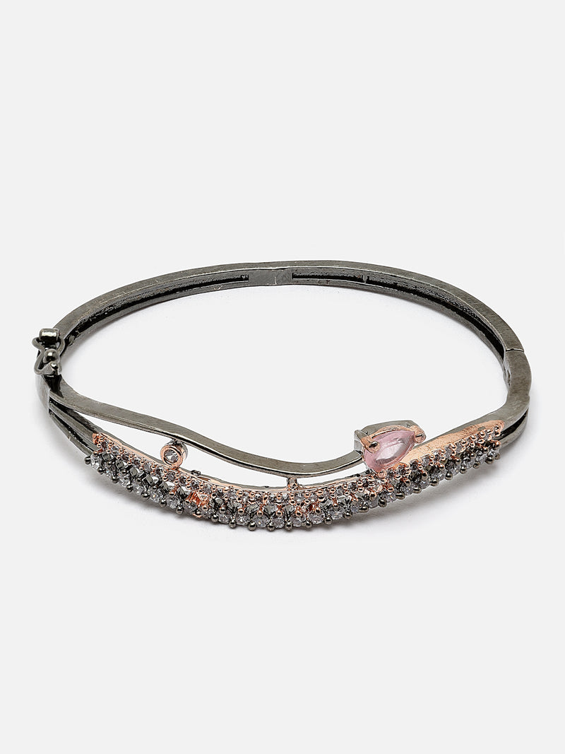 Rose Gold-Plated Gunmetal Toned Pink American Diamond Studded Kada Bracelet