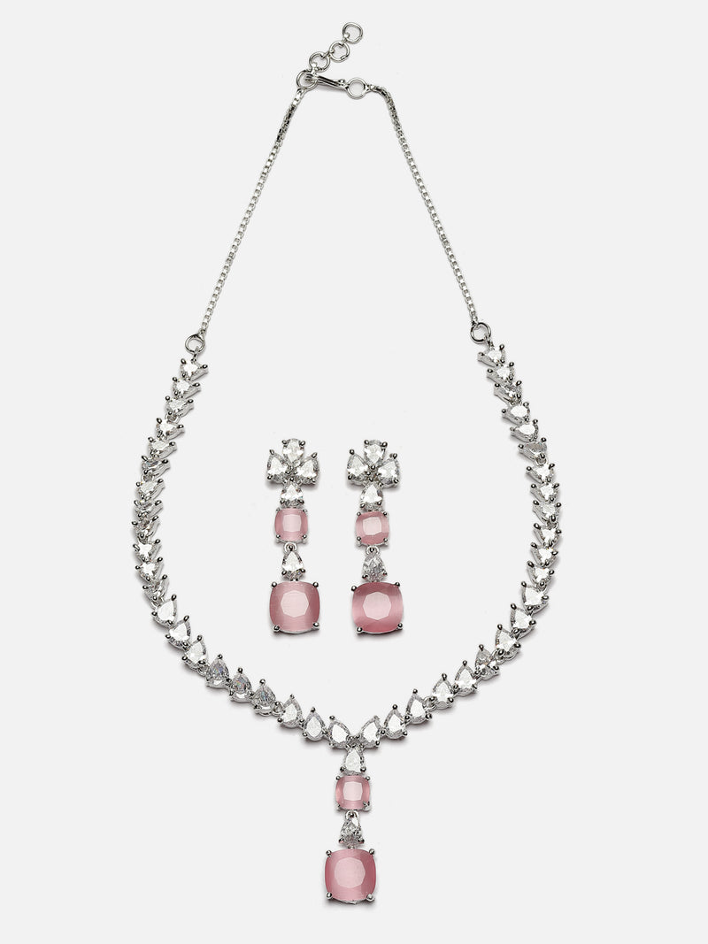 Rhodium-Plated Pink Square American Diamonds Studded Pendulous Necklace & Earrings Jewellery Set