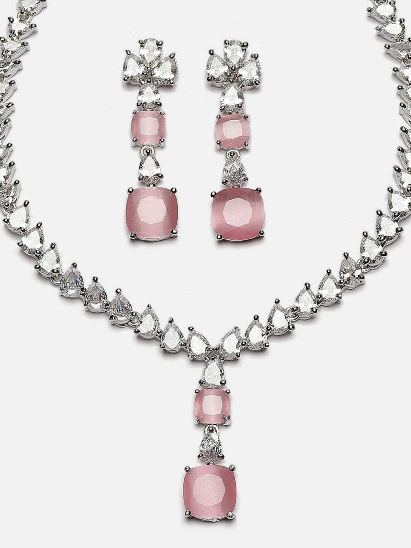 Rhodium-Plated Pink Square American Diamonds Studded Pendulous Necklace & Earrings Jewellery Set