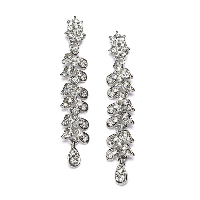 Rhodium-Plated White Cubic Zirconia Studded Leafy Shaped Necklace with Earrings Jewellery Set