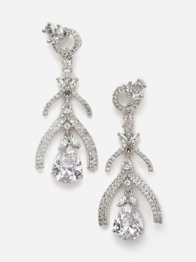 Rhodium-Plated White American Diamond studded Teardrop & Quirky Shaped Drop Earrings