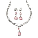 Rhodium-Plated Pink Square American Diamonds Studded Pendulous Necklace & Earrings Jewellery Set