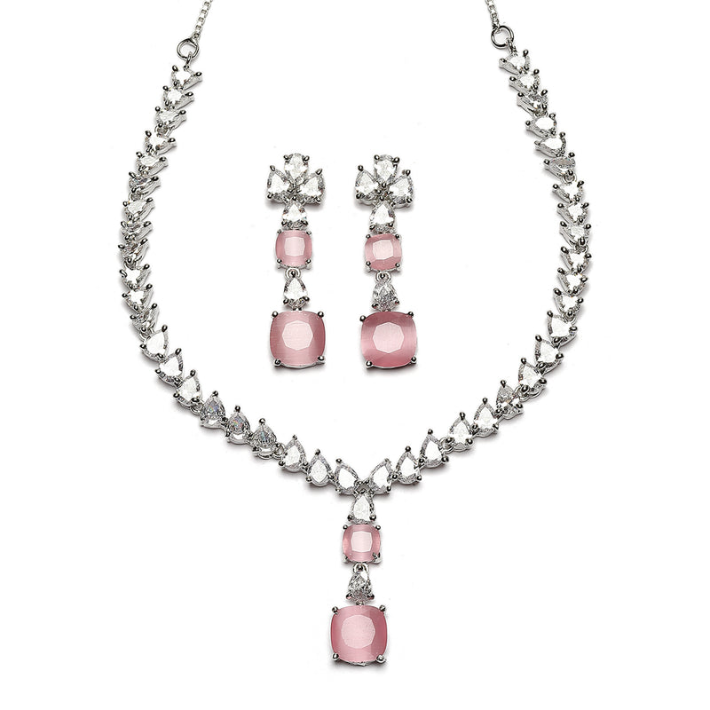 Rhodium-Plated Pink Square American Diamonds Studded Pendulous Necklace & Earrings Jewellery Set