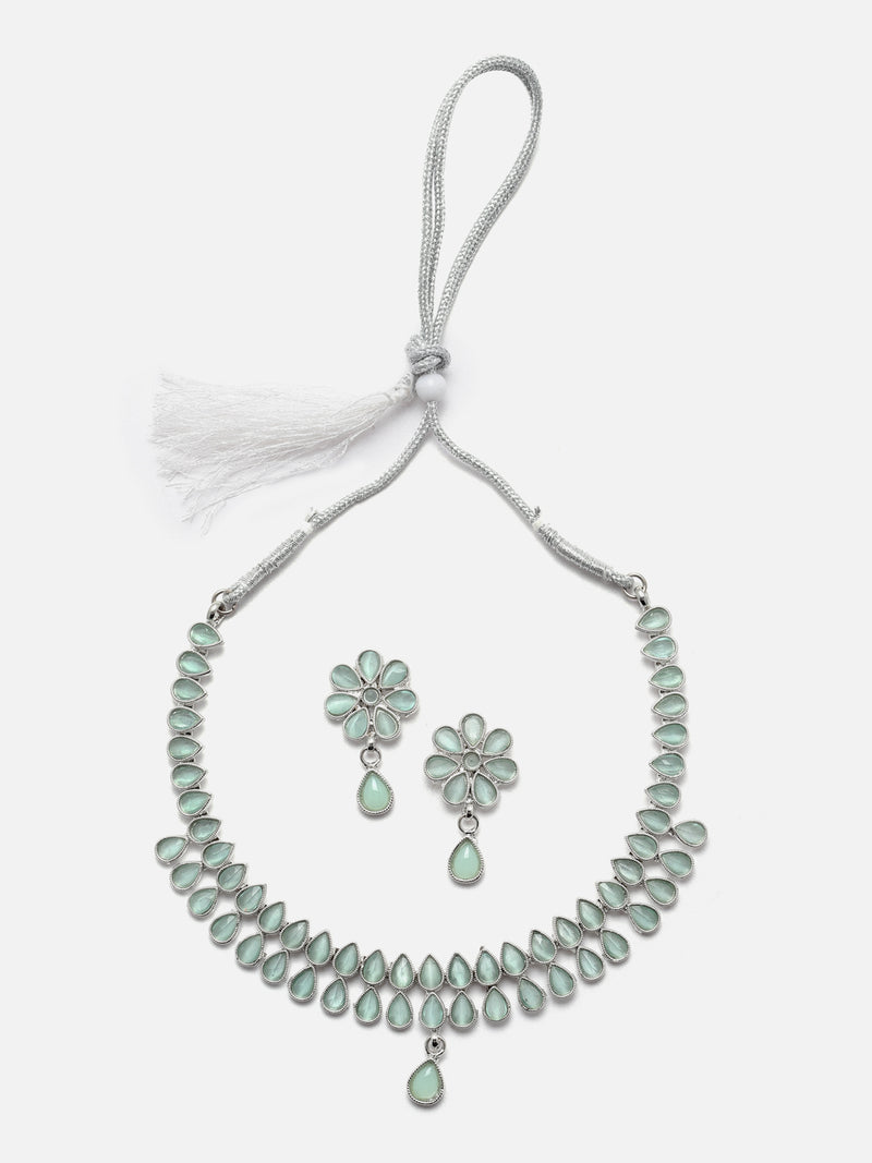 Oxidised Silver-Plated Pear Shaped Lime Green American Diamond Studded Necklace with Earrings Jewellery Set