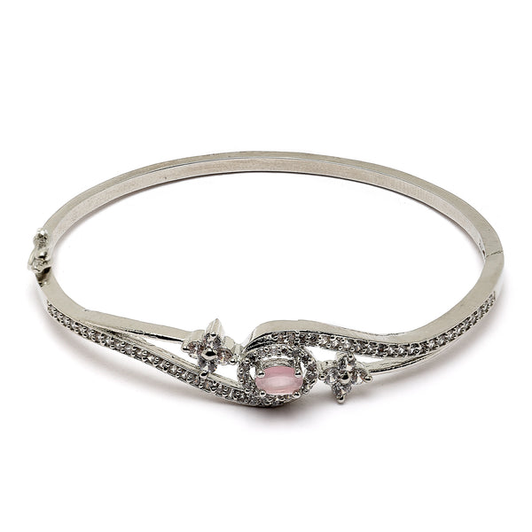Rhodium Plated Silver Toned Round Pink American Diamond Studded  Bracelet