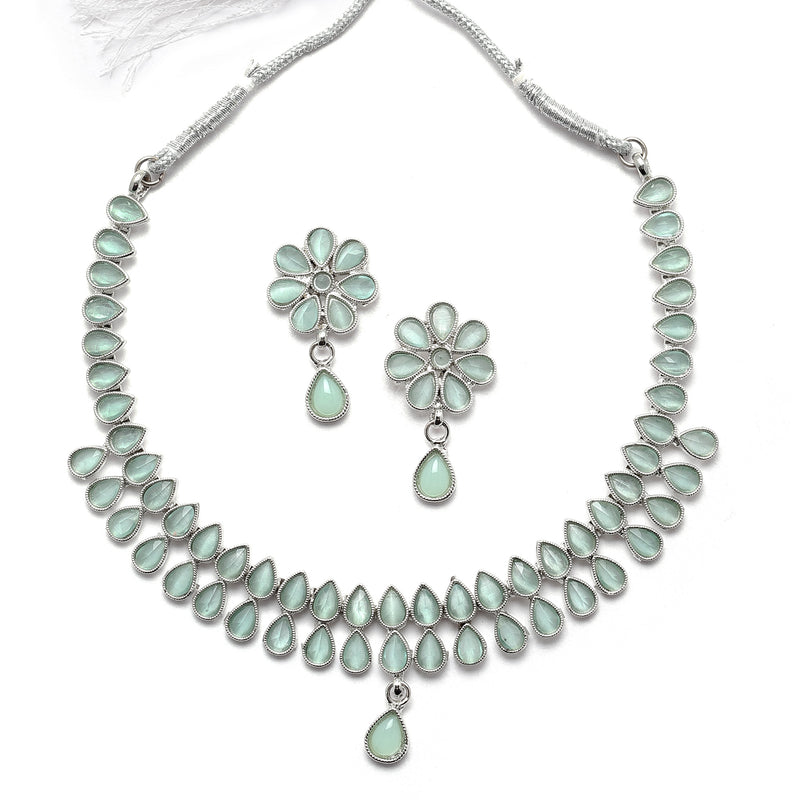 Oxidised Silver-Plated Pear Shaped Lime Green American Diamond Studded Necklace with Earrings Jewellery Set