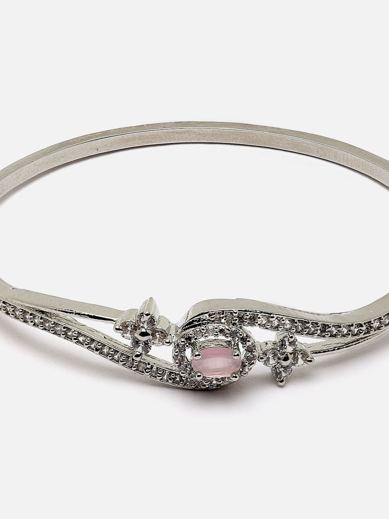 Rhodium-Plated Silver Toned Pink American Diamond Studded Kada Bracelet