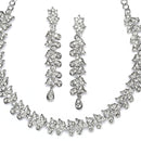 Rhodium-Plated White Cubic Zirconia Studded Leafy Shaped Necklace with Earrings Jewellery Set