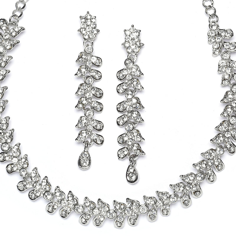 Rhodium-Plated White Cubic Zirconia Studded Leafy Shaped Necklace with Earrings Jewellery Set