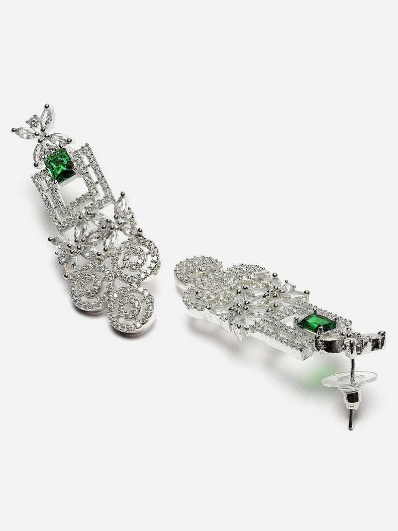 Rhodium-Plated Green & White American Diamonds Studded Squarish Shaped Necklace & Earrings Jewellery Set