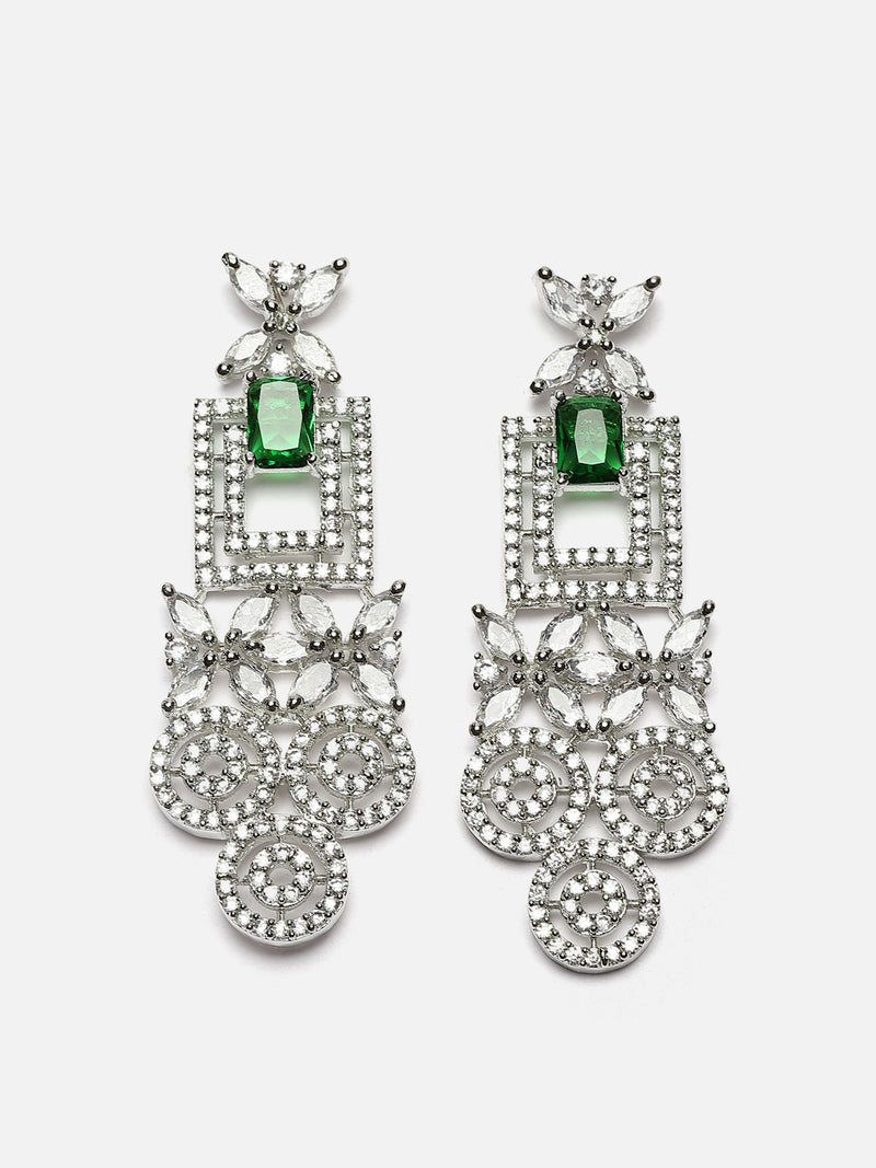 Rhodium-Plated Green & White American Diamonds Studded Squarish Shaped Necklace & Earrings Jewellery Set