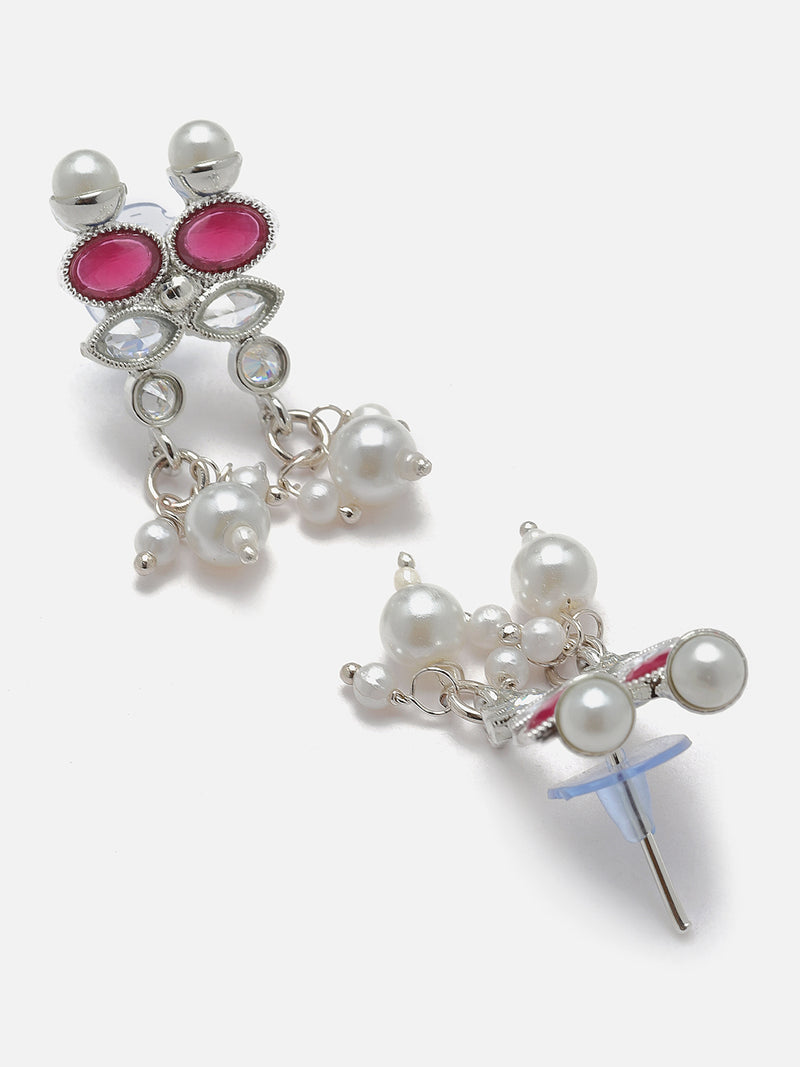 Oxidised Silver-Plated Red American Diamond & White Pearl Studded Necklace Earrings Jewellery Set