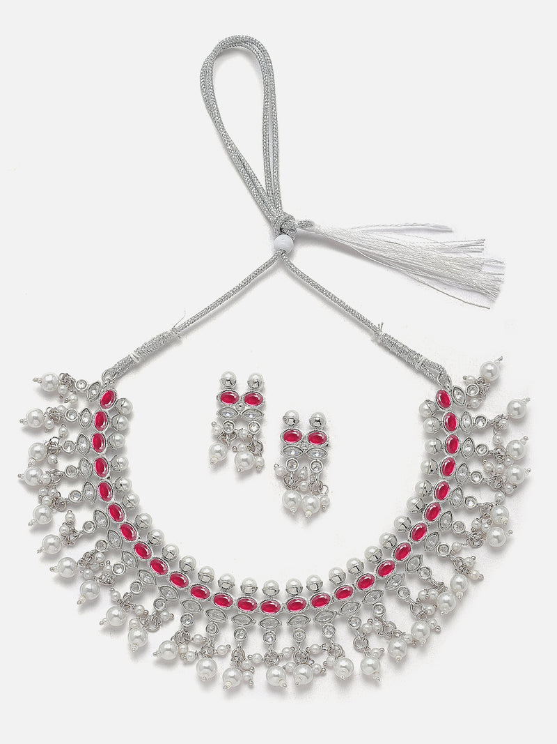 Oxidised Silver-Plated Red American Diamond & White Pearl Studded Necklace Earrings Jewellery Set