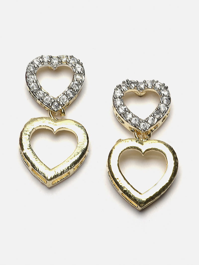 Gold-Plated Dual Toned White American Diamond Studded Heart Shaped Jewellery Set