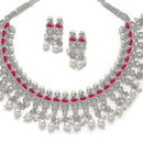 Oxidised Silver-Plated Red American Diamond & White Pearl Studded Necklace Earrings Jewellery Set
