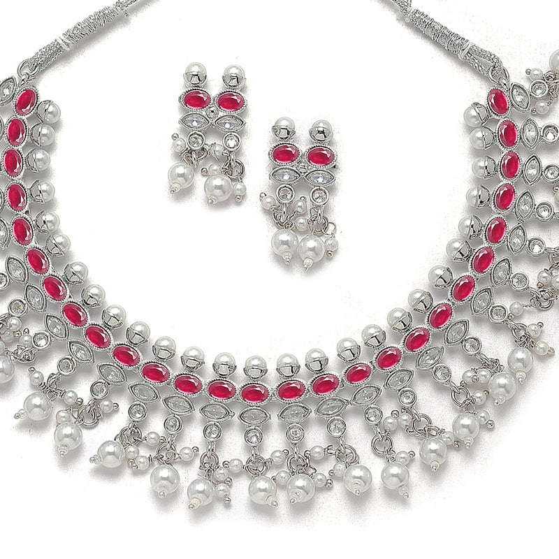 Oxidised Silver-Plated Red American Diamond & White Pearl Studded Necklace Earrings Jewellery Set