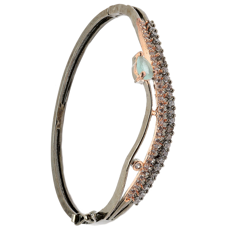 Rose Gold-Plated Black Toned Sea Green American Diamond Studded Kada Bracelet