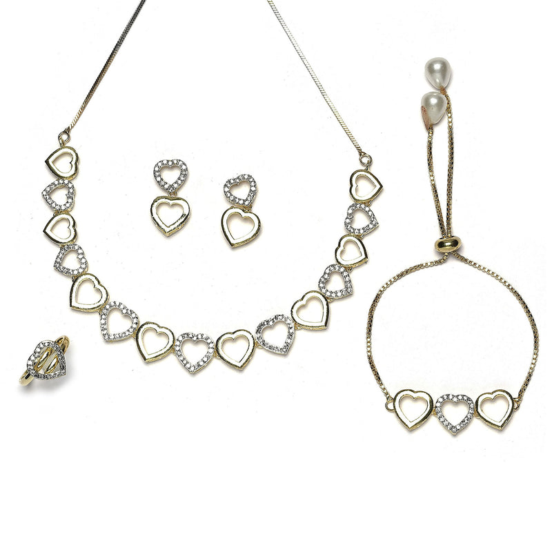 Gold-Plated Dual Toned White American Diamond Studded Heart Shaped Jewellery Set