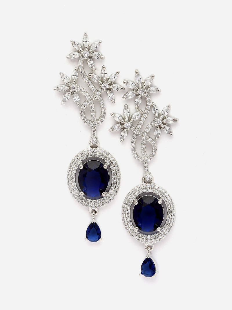 Rhodium-Plated Navy Blue American Diamond studded Contemporary Drop Earrings
