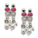 Oxidised Silver-Plated Red American Diamond & White Pearl Studded Necklace Earrings Jewellery Set