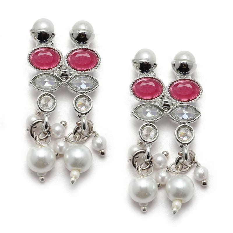 Oxidised Silver-Plated Red American Diamond & White Pearl Studded Necklace Earrings Jewellery Set