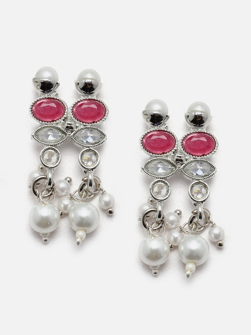 Oxidised Silver-Plated Red American Diamond & White Pearl Studded Necklace Earrings Jewellery Set