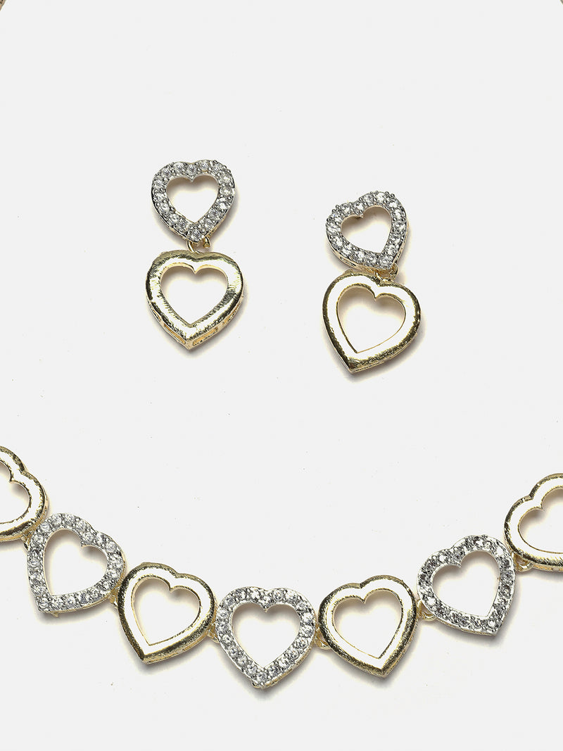Gold-Plated Dual Toned White American Diamond Studded Heart Shaped Jewellery Set