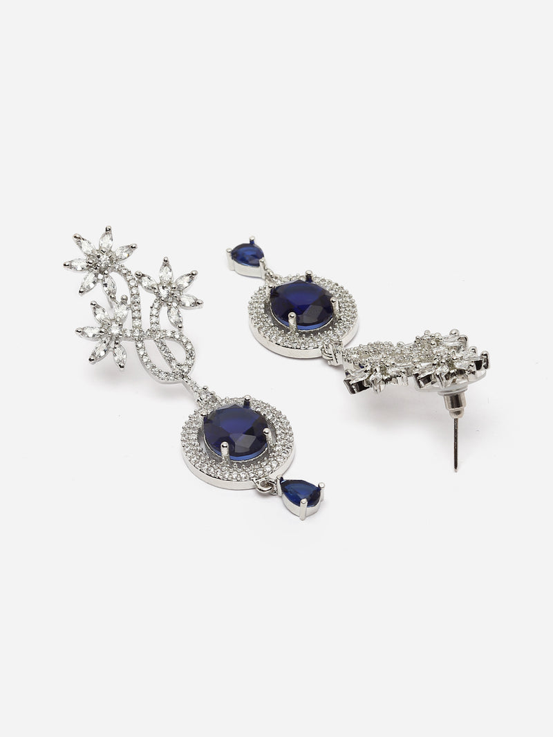 Rhodium-Plated Navy Blue American Diamond studded Contemporary Drop Earrings