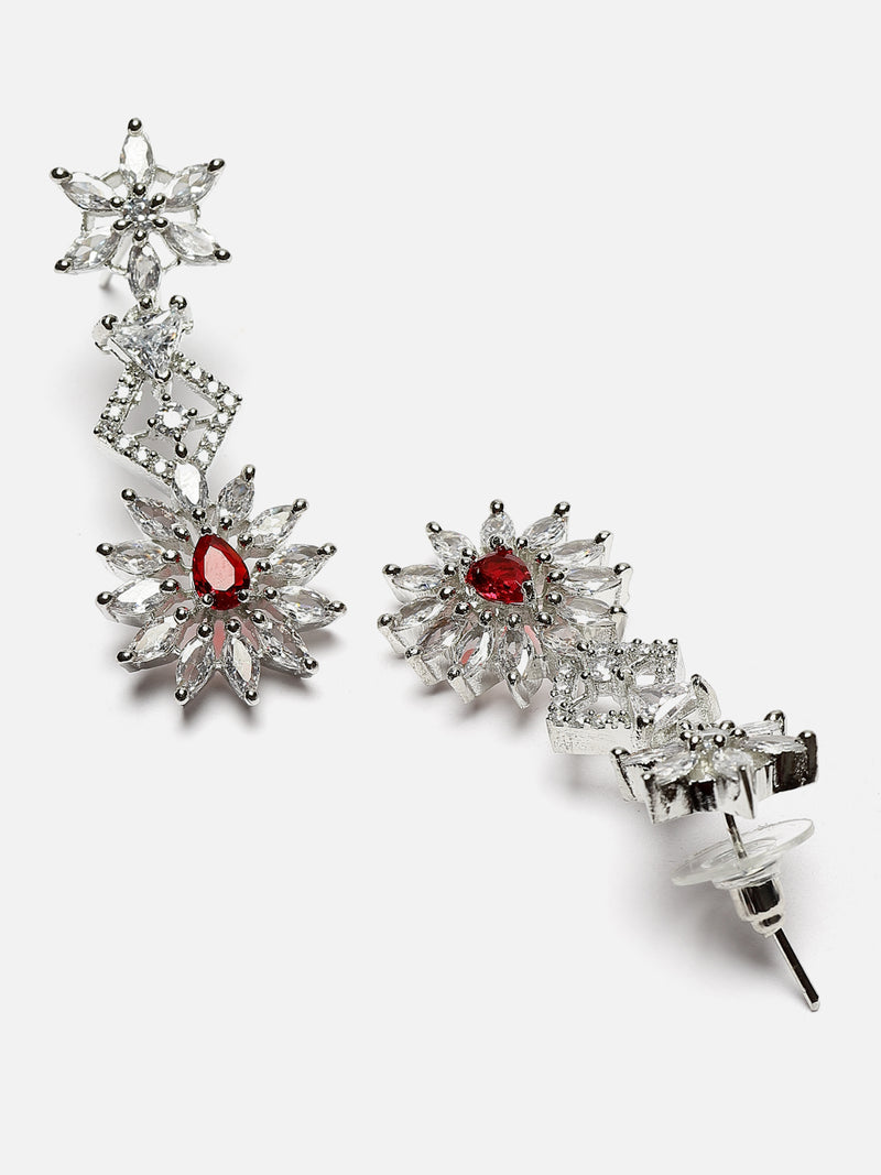 Rhodium-Plated Red & White Dribble Shape American Diamonds Studded Necklace & Earrings Jewellery Set