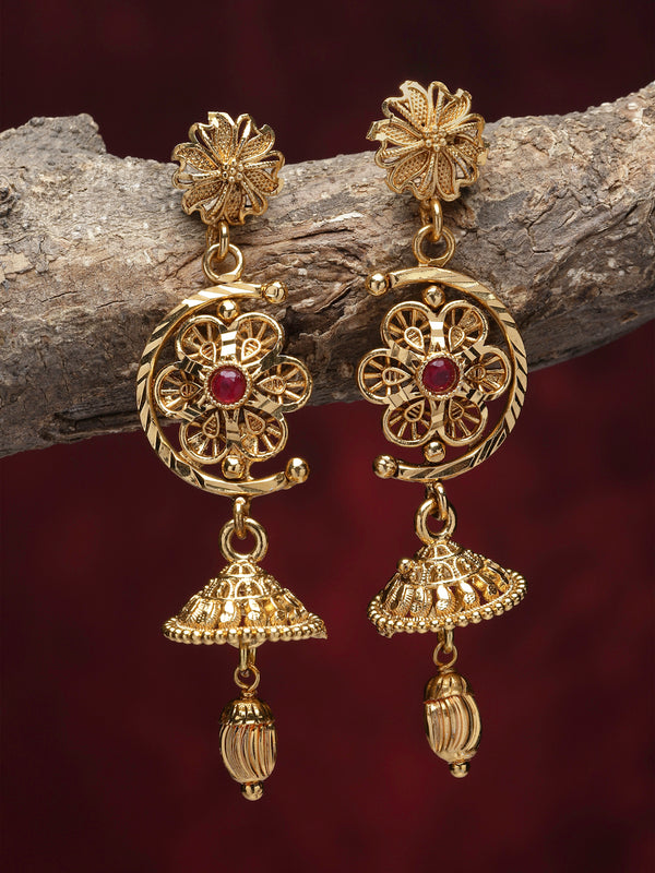 Gold-Plated Red Artificial Stone studded Dome Shaped Floral Jhumka Earrings