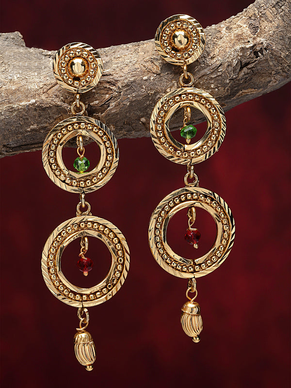 Gold-Plated Red & Green Cubic Zirconia studded Circular Shaped Drop Earrings