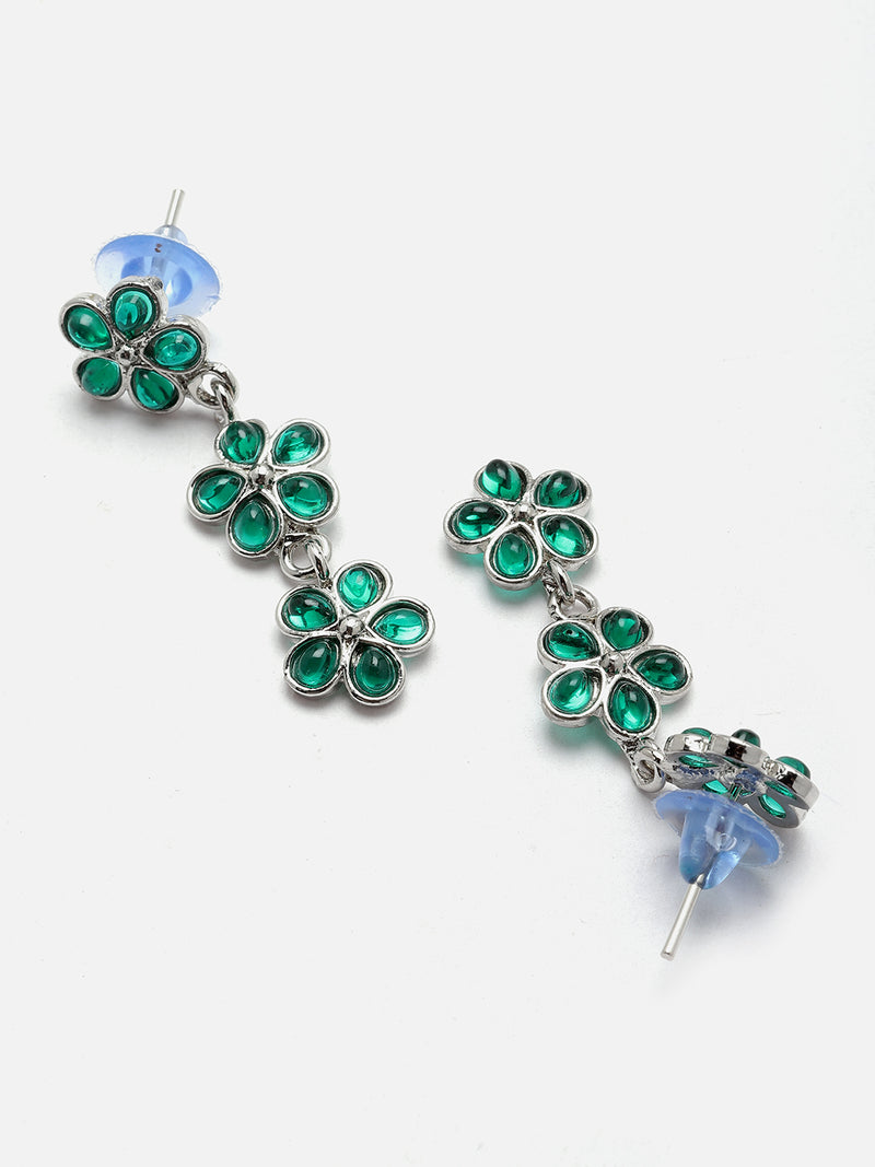 Oxidised Silver-Plated Flower Shaped Green American Diamond Studded Necklace Earrings Jewellery Set